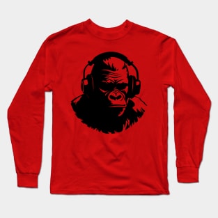 Funny Gorilla Wearing Headphones Silhouette Design Long Sleeve T-Shirt